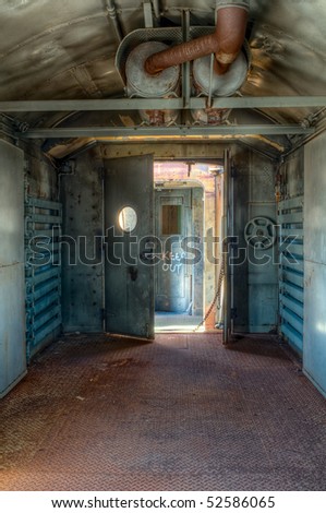 Interior view of an abandoned cargo wagon.