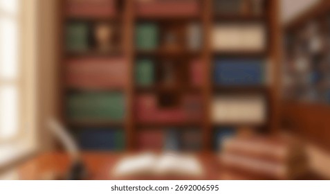 Interior view of an antique study featuring wooden bookshelves filled with volumes and a desk with writing implements