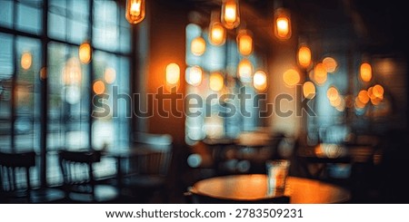 Interior view of a cafe with large windows, warm pendant lights, and blurred tables and chairs, creating a cozy and inviting atmosphere.