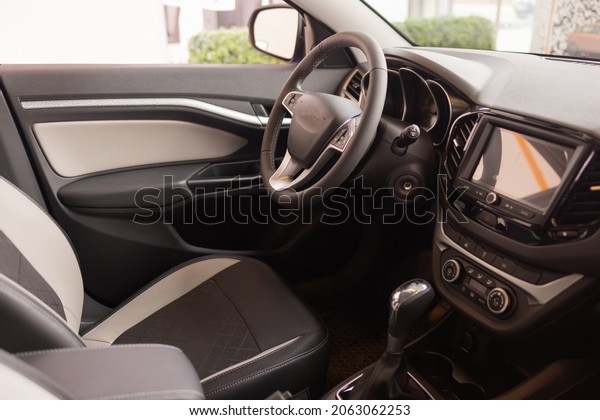 Interior view of car with\
black salon.