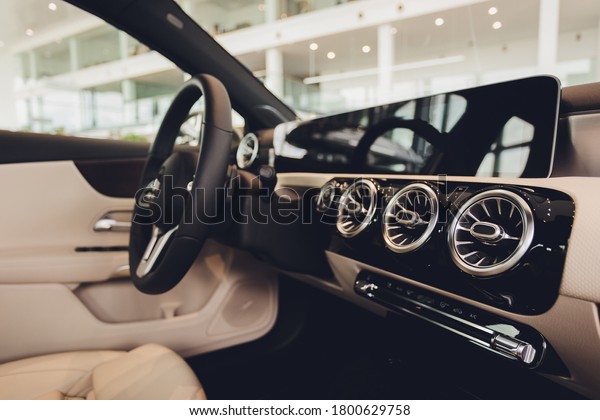 Interior view of car with\
leather salon.
