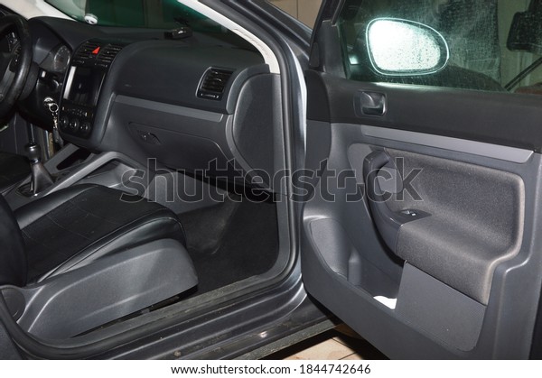 Interior view of a\
car interior shown\
close-up