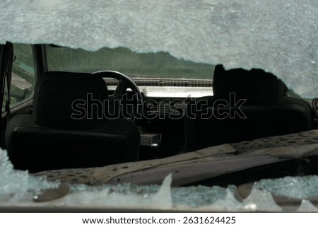An interior view of a car is visible through a shattered window. The steering wheel and seats are visible. The car appears to be a Renault. The surrounding area is blurry and green.