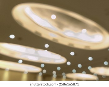 Interior View of Ceiling with Circular Lights in Beige Tones and Abstract Bokeh Patterns and Shapes