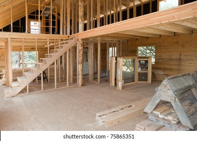 Interior View Construction New Residential Building Log Home.