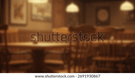 Interior view of an empty wooden dining space illuminated by warm overhead lights