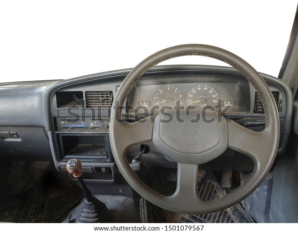 Interior view to the exterior of the old car\
isolated on white background with clipping path.View of the\
interior of a retro car.Inside the\
car.