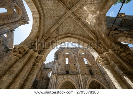 Interior view of the Gothic ribbed vaults and stone arches of the ruined Cistercian Abbazia di San Galgano near Chiusdino, Tuscany.