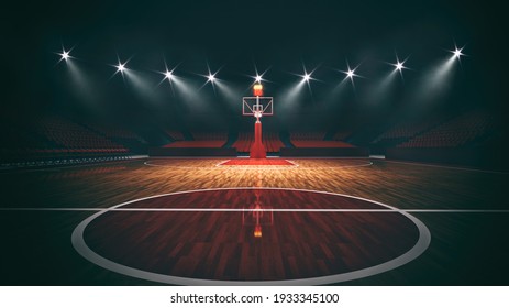 Interior view of an illuminated basketball stadium for a game