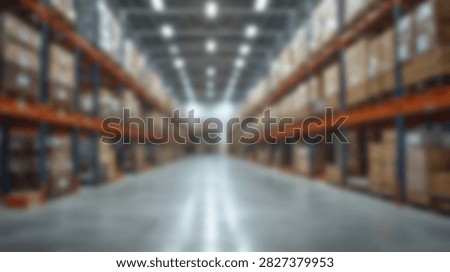 Interior view of a large, modern warehouse filled with tall shelves stacked high with boxes, illuminated by overhead lights.