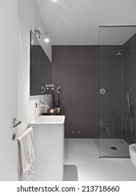 Interior View Of Modern Bathroom With Glass Shower Cubicle