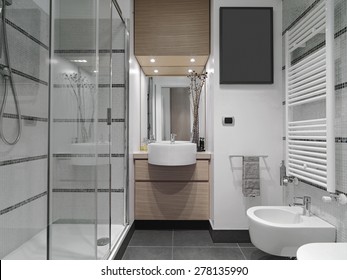 Interior View Of A Modern Bathroom With Glass Shower Cubicle