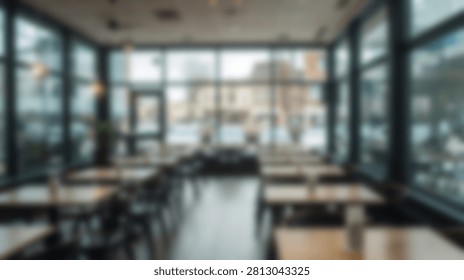 Interior view of a modern cafe with large windows showcasing the outdoors and empty tables