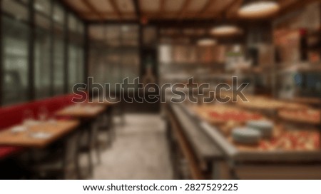 Interior view of a modern restaurant with comfortable seating and a vibrant food display.