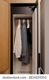 An interior view of a modern steamer or drying cabinet with shirts and clothing items on hangers