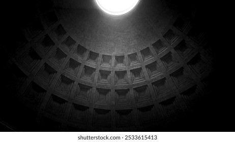 The interior view of the Pantheon dome in Rome, Italy, with coffered ceiling in black and white - Powered by Shutterstock