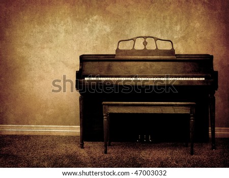 Interior view of piano and bench in a home