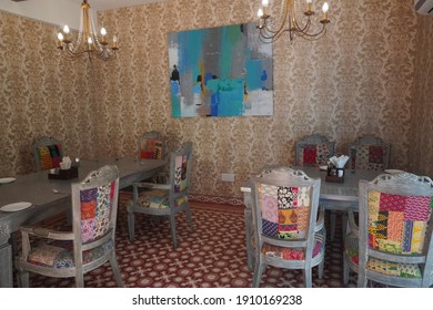 Interior View Of A Room With Traditional Furniture From Western India. Restaurant Room With A Beautiful Interior. Luxury Restaurant. Decorations Of Walls And Ceiling. Goa India - May 2020 MFG