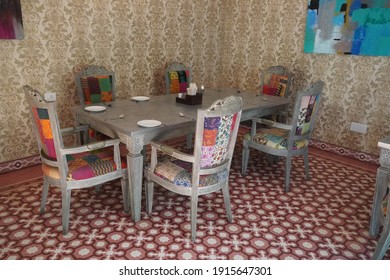 Interior View Of A Room With Traditional Furniture From Western India. Restaurant Room With A Beautiful Interior. Luxury Restaurant. Decorations Of Walls And Ceiling. Goa India - May 2020 HBY