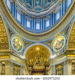 Interior View Of St Peters Basilica,  The Most Famous Catholic Italian Church Located In Vatican City.