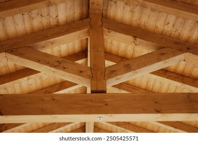 Interior view of a symmetrical wooden beam ceiling, showcasing the natural texture and craftsmanship of the timber construction - Powered by Shutterstock