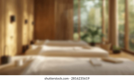 Interior view of a tranquil spa with multiple massage beds bathed in soft natural light from large windows, creating a peaceful atmosphere.