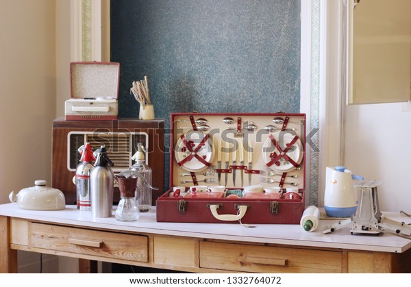 Interior Vintage 1950s Kitchen Picnic Basketcase Stock Photo
