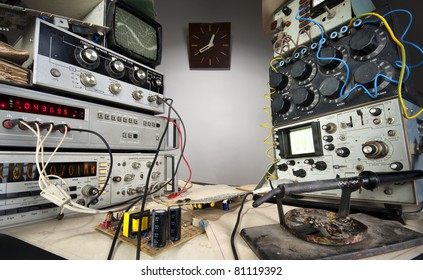 Interior Of Vintage Technological Laboratory. Wide Angle