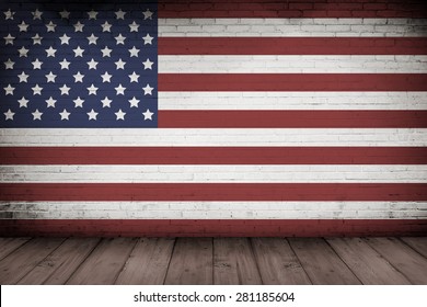 Interior wall and wooden floor with USA flag design. Independence day concept