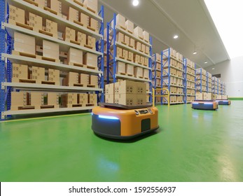 Interior Of Warehouse In Logistic Center With Automated Guided Vehicle Is A Delivery Vehicle