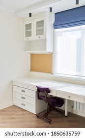 Interior, White Furniture, Table And Chair Near The Window, Cork Board On The Wall. Workplace In Children's Room, In Home Office, Modern Classic Style, Ergonomic Orthopedic Knee Chair