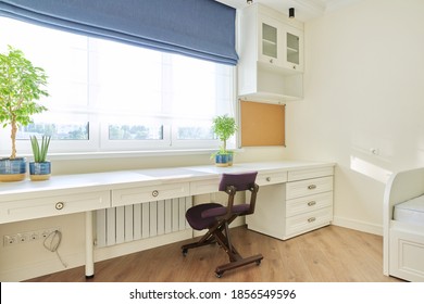 Interior, White Furniture, Table And Chair Near The Window, Cork Board On The Wall. Workplace In Children's Room, In Home Office, Modern Classic Style, Ergonomic Orthopedic Knee Chair