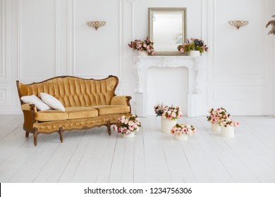 Interior Of White Room In Classic Royal Luxury Style With Beautiful Brown Sofa