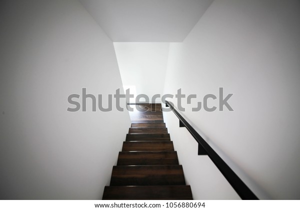Interior Wood Stair Black Steel Handrail Stock Photo Edit