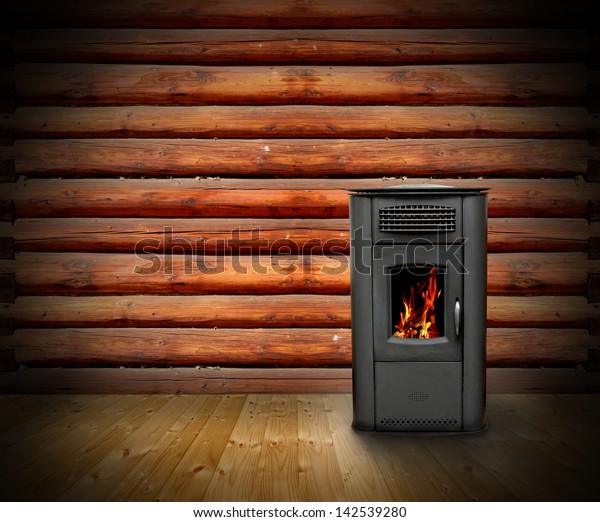 Interior Wooden Cabin Vintage Stove Burning Stock Photo Edit Now