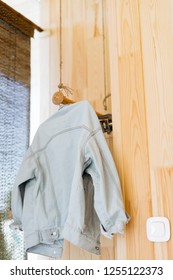 Interior Of Wooden Cottage Inside. Green Cabin Hotel Room Inside. 