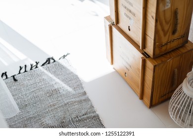 Interior Of Wooden Cottage Inside. Green Cabin Hotel Room Inside. 