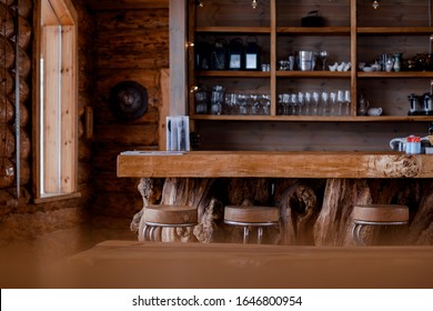 Interior of a wooden hunting lodge in the mountains