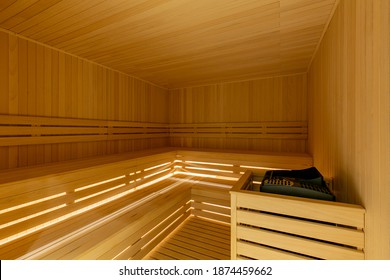 Interior of a wooden sauna in hotel spa and wellness center