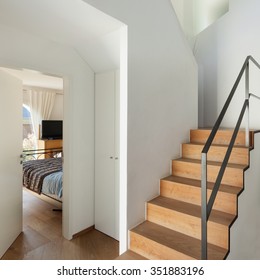 Interior, Wooden Staircase Of A Modern Loft