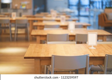 Interior Of Wooden Table In Food Court Shopping Mall. Food Center In Department Store.