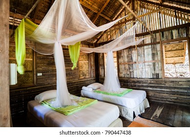 Interior Wooden Tropical Beach Bungalow With Natural Roof And Wall, Material Form Bamboo And Leaves / Beach Hut