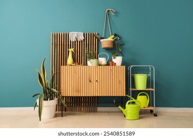 Interior of workshop with commode and gardening tools