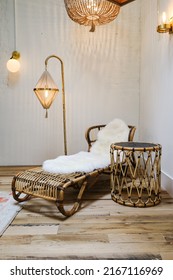 Interiors Featuring Velvet Furniture, Natural Rattan And Wicker Arm Chairs, Lighting, Lamps And Accessories