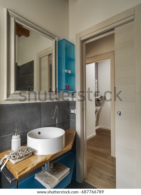 Interiors Shots Modern Bathroom Wooden Sliding Stock Photo Edit