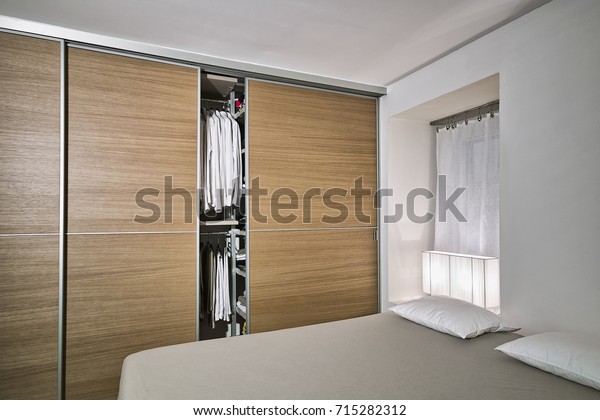 Interiors Shots Modern Bedroom Wooden Wardrobe Stock Image