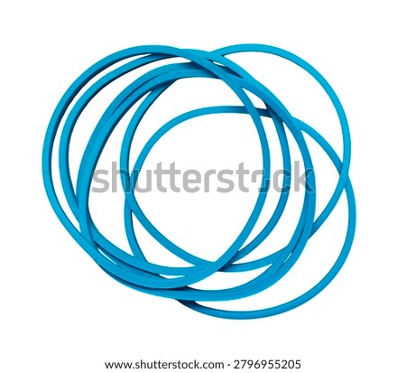 Interlinked blue elastic rubber bands creating a circular pattern on a white background