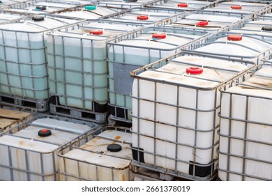 Intermediate bulk containers (IBCs) filled with liquids are neatly arranged in rows on pallets. This industrial storage bulk for material handling chemical storage.