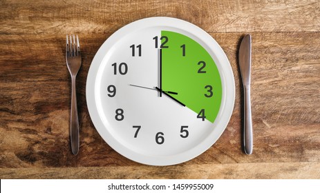 Intermittent Fasting Four Hour Feeding Window Concept With Green Zone And Clock On Plate