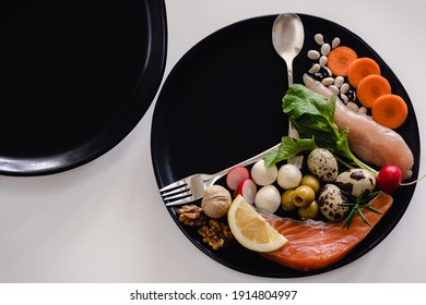 Intermittent fasting method - sixteen hours diet, eight hours eating time. Healthy lifestyle concept. Close-up, copy space, top view. - Shutterstock ID 1914804997